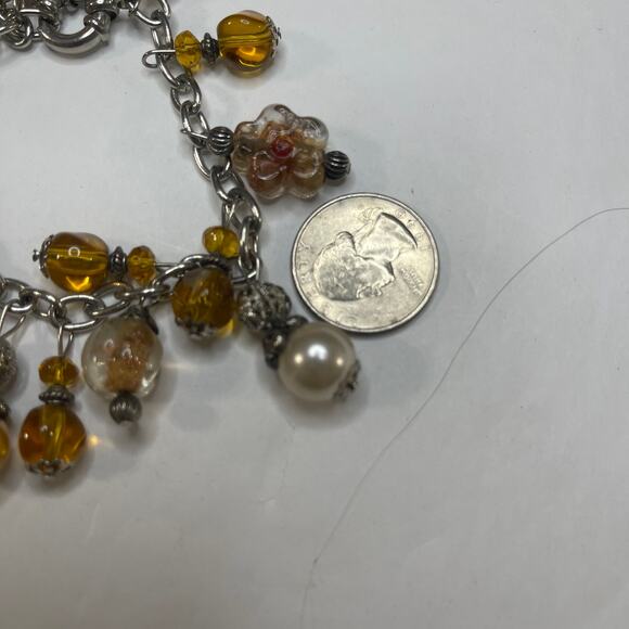 bracelet signed costume jewelry charm style faux pearl silver amber color beads - Picture 6 of 9